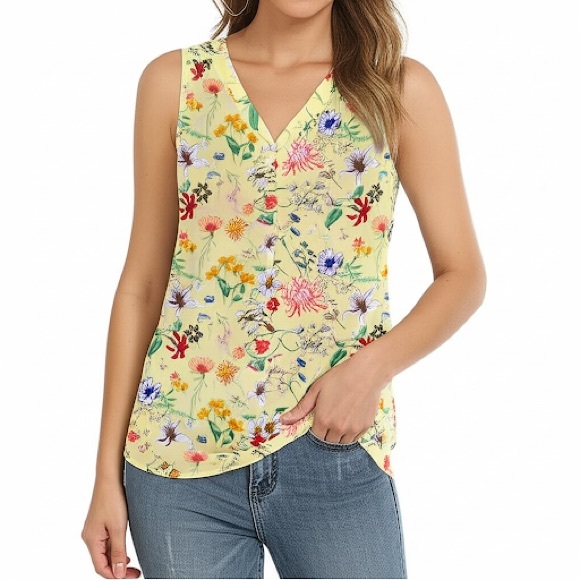 Dalia Tops - Dalia Yellow Botanical Floral Sleeveless Blouse Size Small